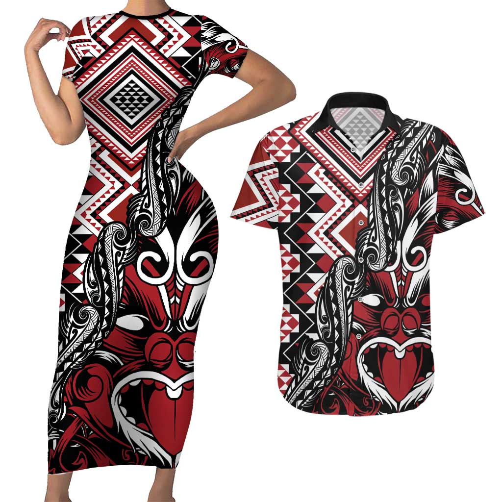 Aotearoa Maori Moko Art with Taniko Half Style Couples Matching Short Sleeve Bodycon Dress and Hawaiian Shirt