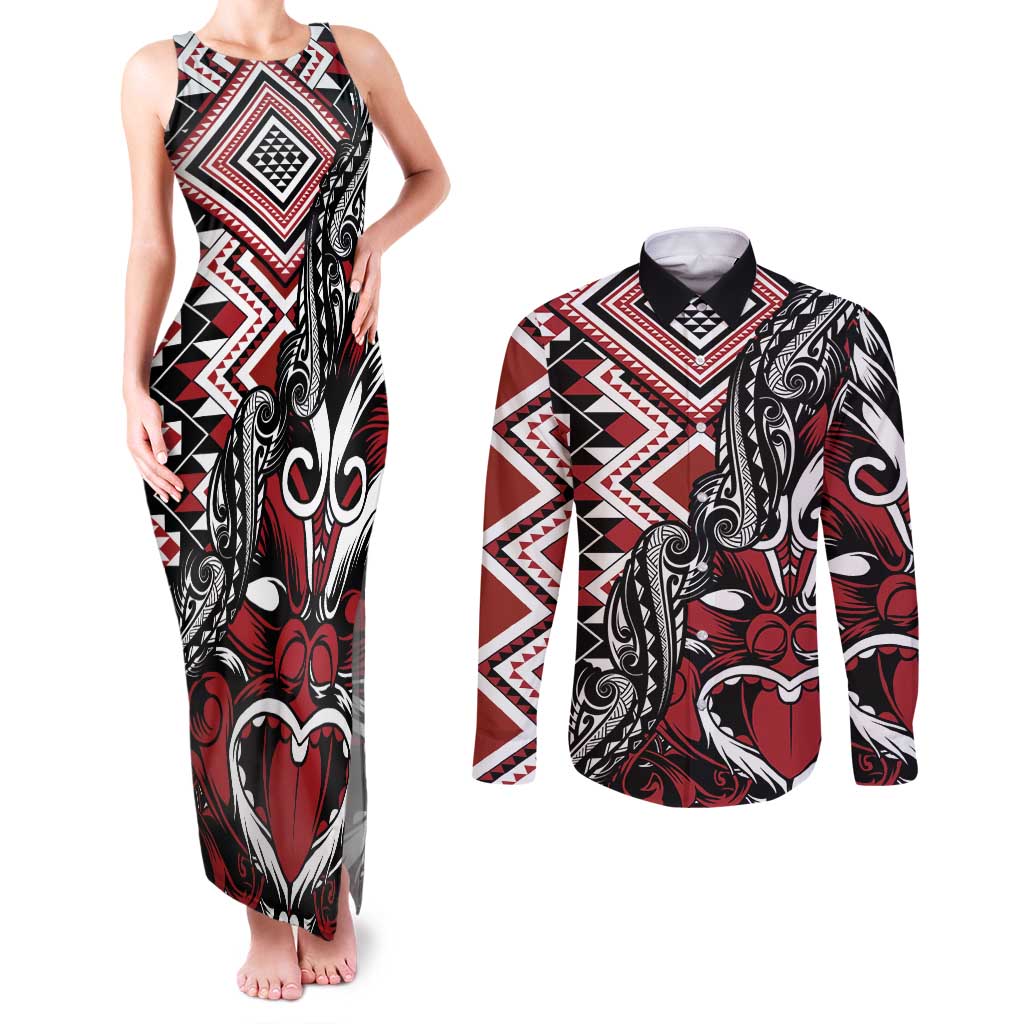 Aotearoa Maori Moko Art with Taniko Half Style Couples Matching Tank Maxi Dress and Long Sleeve Button Shirt