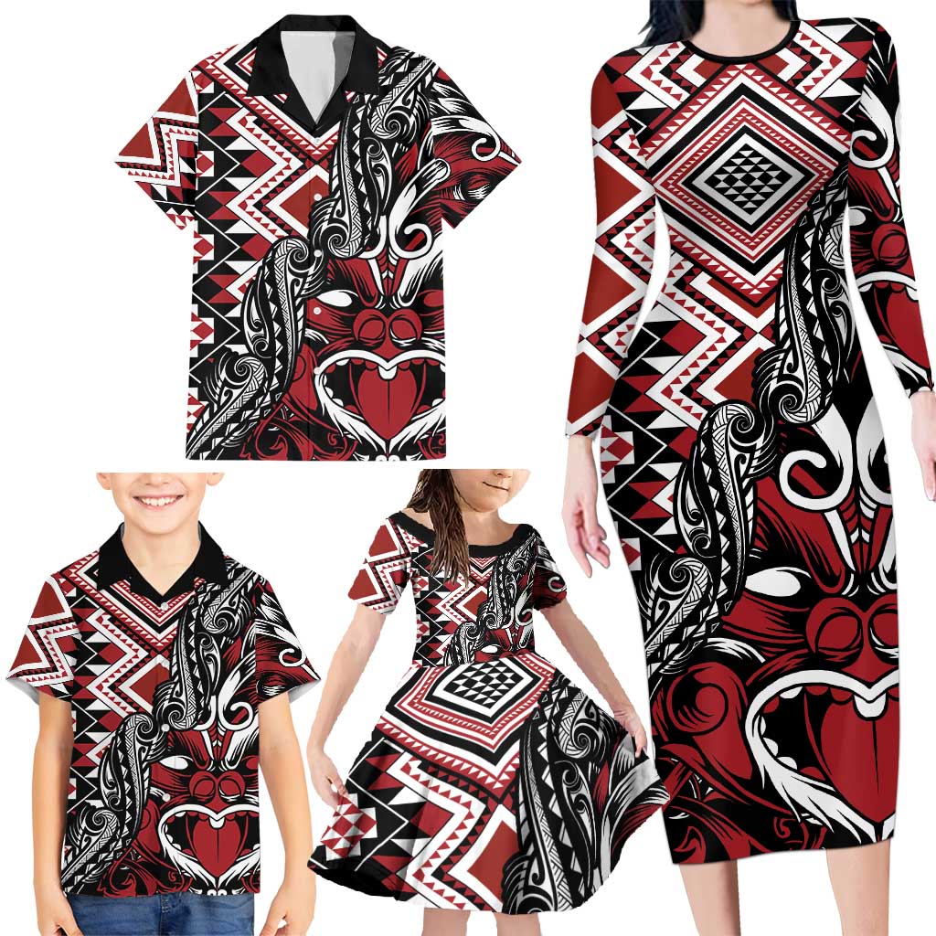 Aotearoa Maori Moko Art with Taniko Half Style Family Matching Long Sleeve Bodycon Dress and Hawaiian Shirt