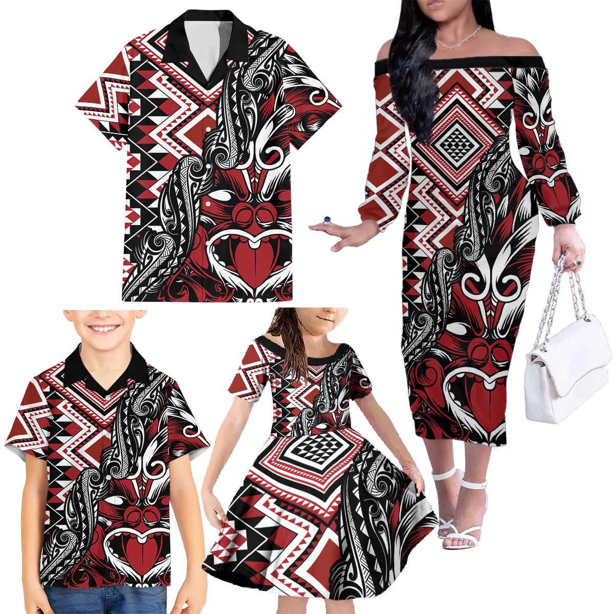 Aotearoa Maori Moko Art with Taniko Half Style Family Matching Off The Shoulder Long Sleeve Dress and Hawaiian Shirt