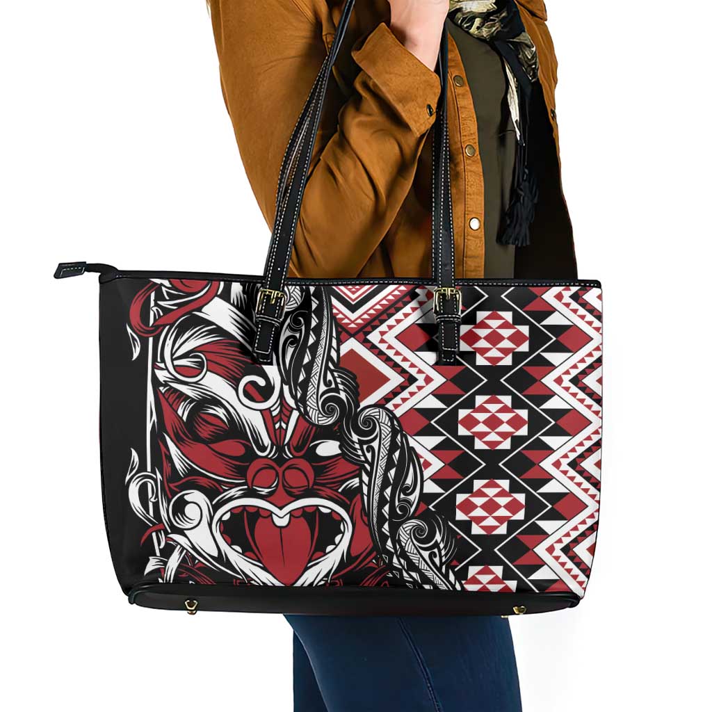Aotearoa Maori Moko Art with Taniko Half Style Leather Tote Bag