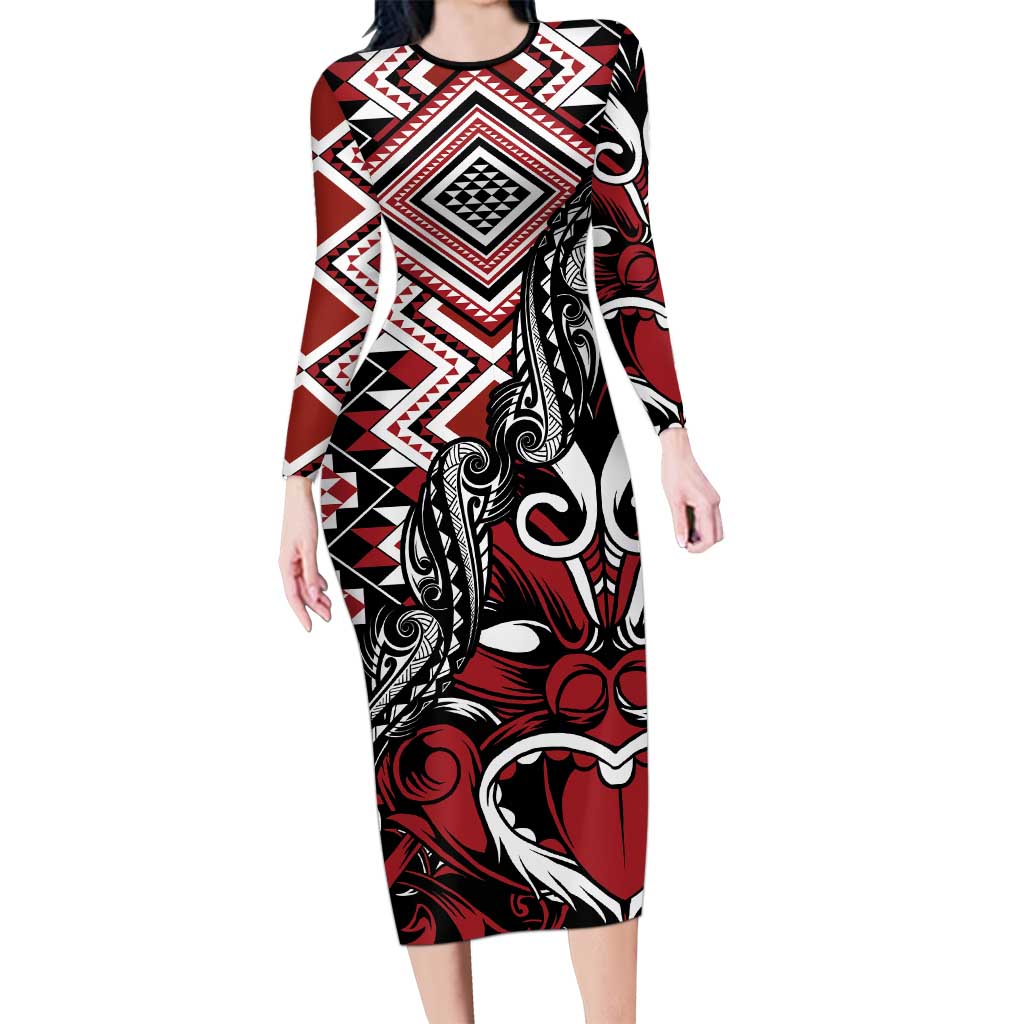 Aotearoa Maori Moko Art with Taniko Half Style Long Sleeve Bodycon Dress