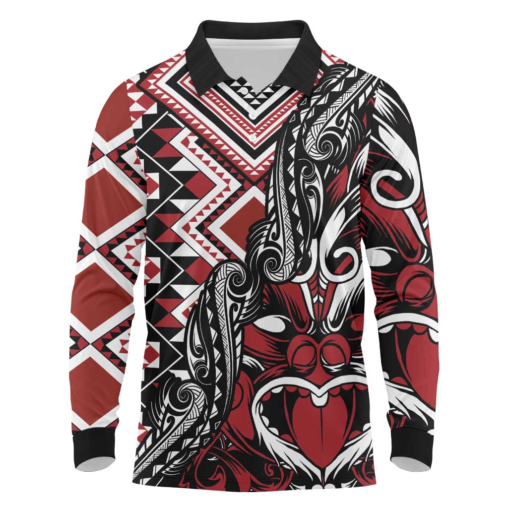 Aotearoa Maori Moko Art with Taniko Half Style Long Sleeve Polo Shirt