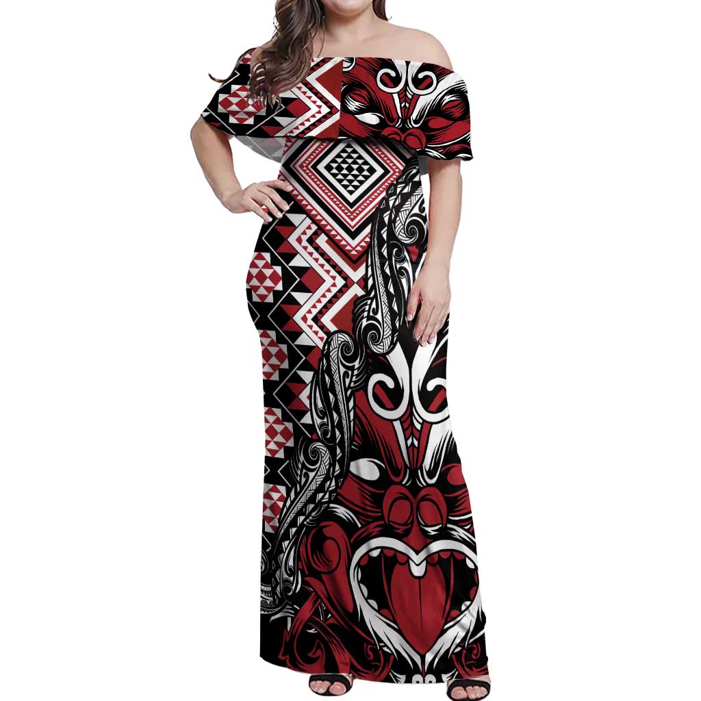 Aotearoa Maori Moko Art with Taniko Half Style Off Shoulder Maxi Dress