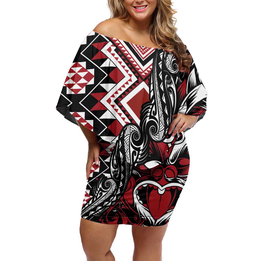 Aotearoa Maori Moko Art with Taniko Half Style Off Shoulder Short Dress