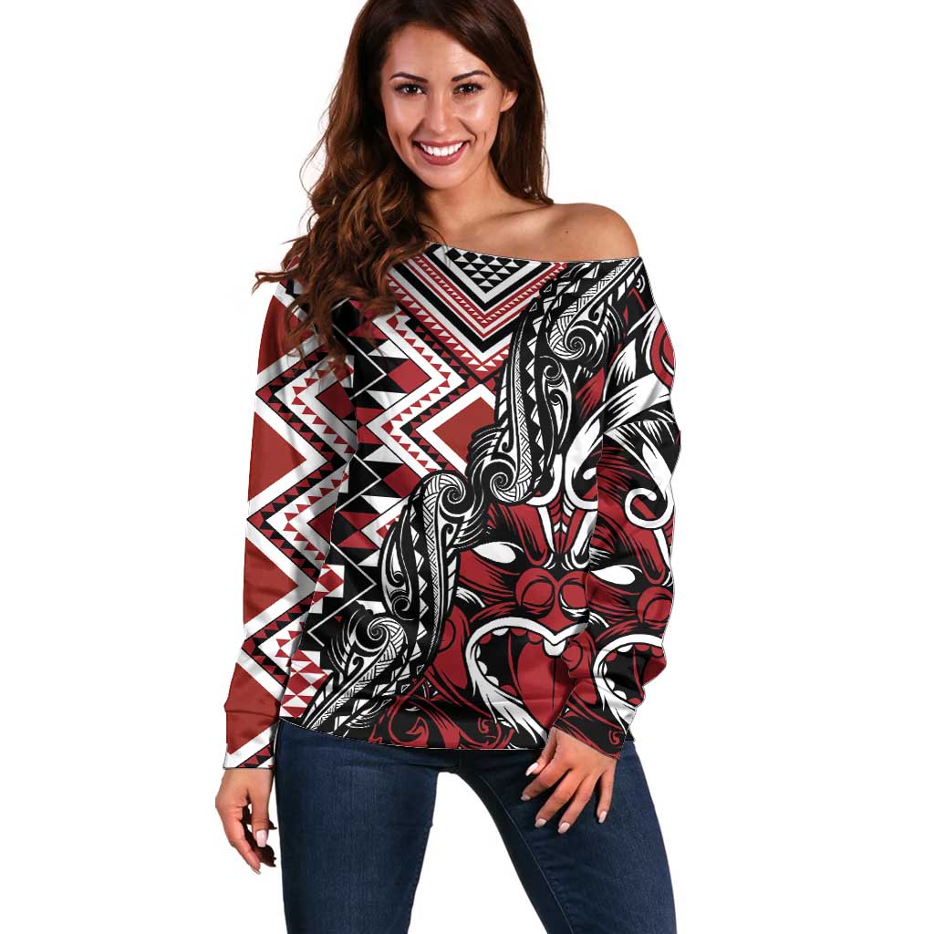 Aotearoa Maori Moko Art with Taniko Half Style Off Shoulder Sweater