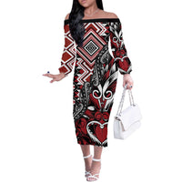 Aotearoa Maori Moko Art with Taniko Half Style Off The Shoulder Long Sleeve Dress