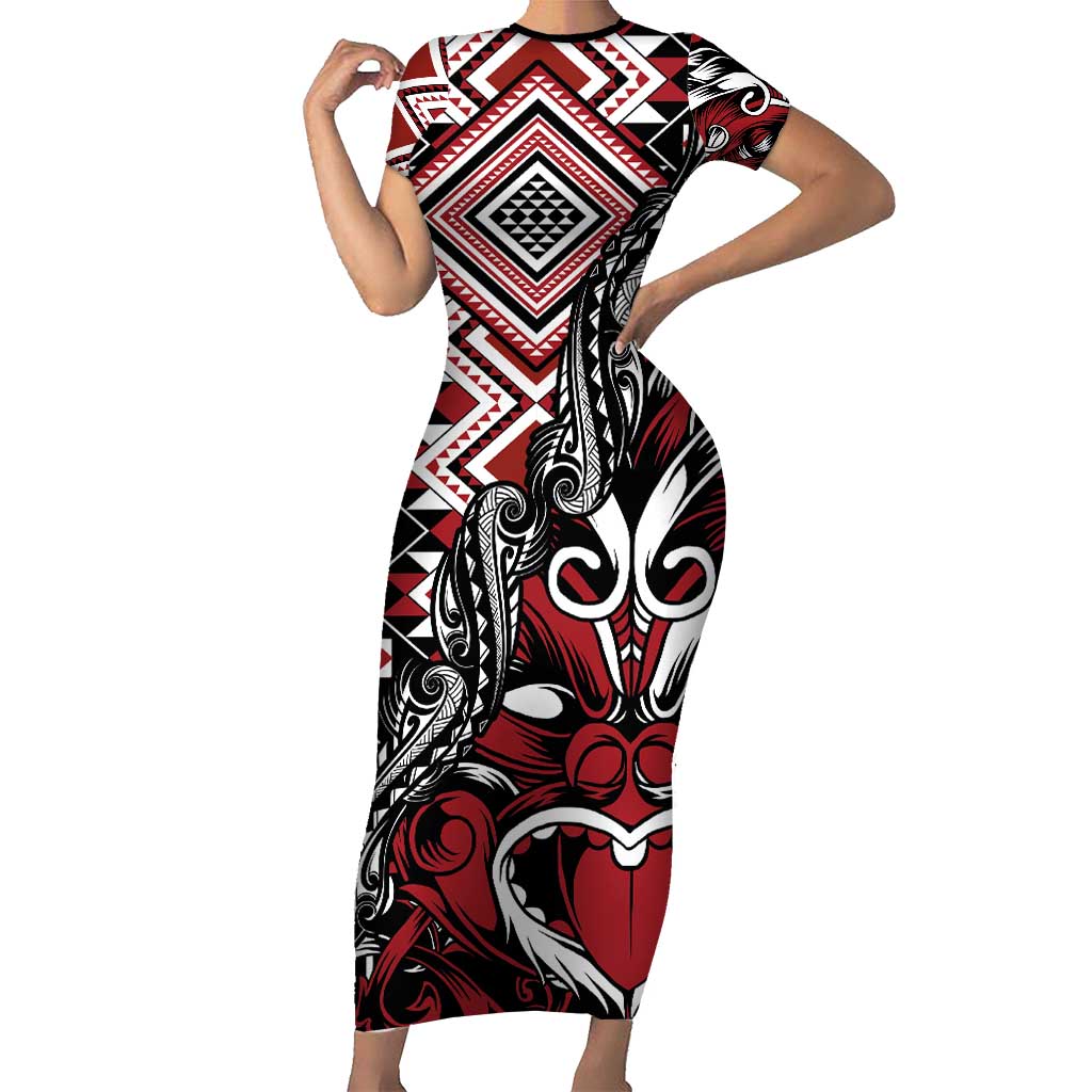 Aotearoa Maori Moko Art with Taniko Half Style Short Sleeve Bodycon Dress