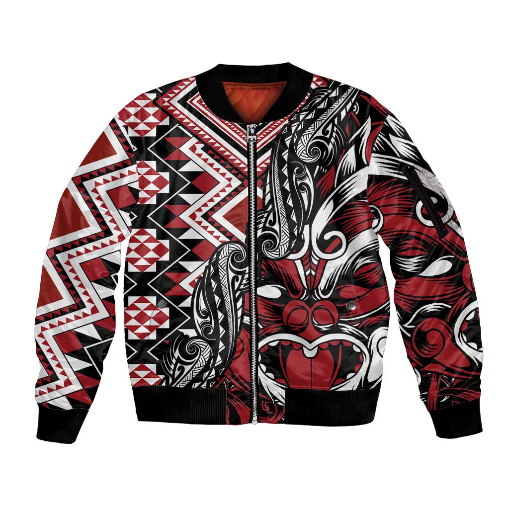 Aotearoa Maori Moko Art with Taniko Half Style Sleeve Zip Bomber Jacket