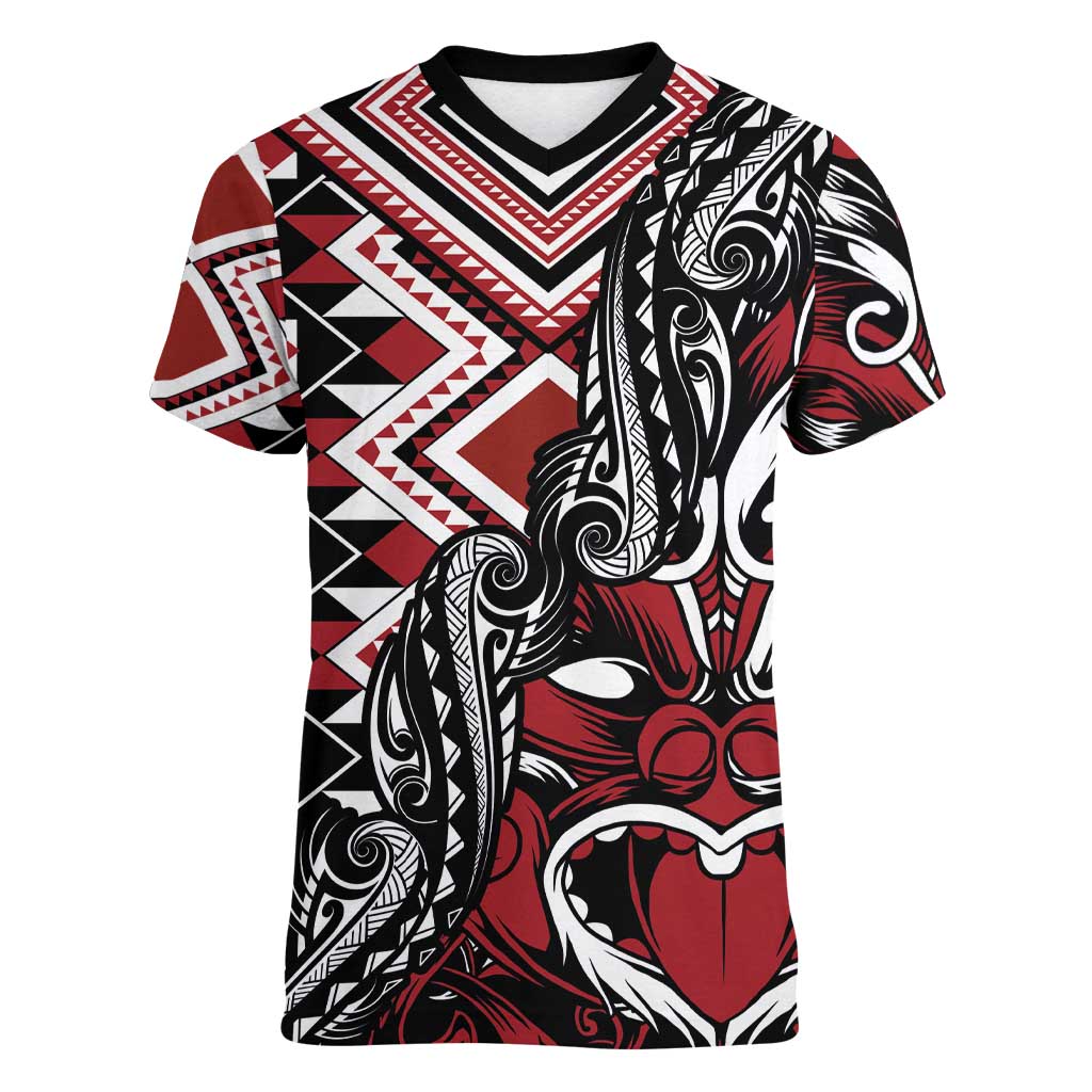 Aotearoa Maori Moko Art with Taniko Half Style Women V-Neck T-Shirt