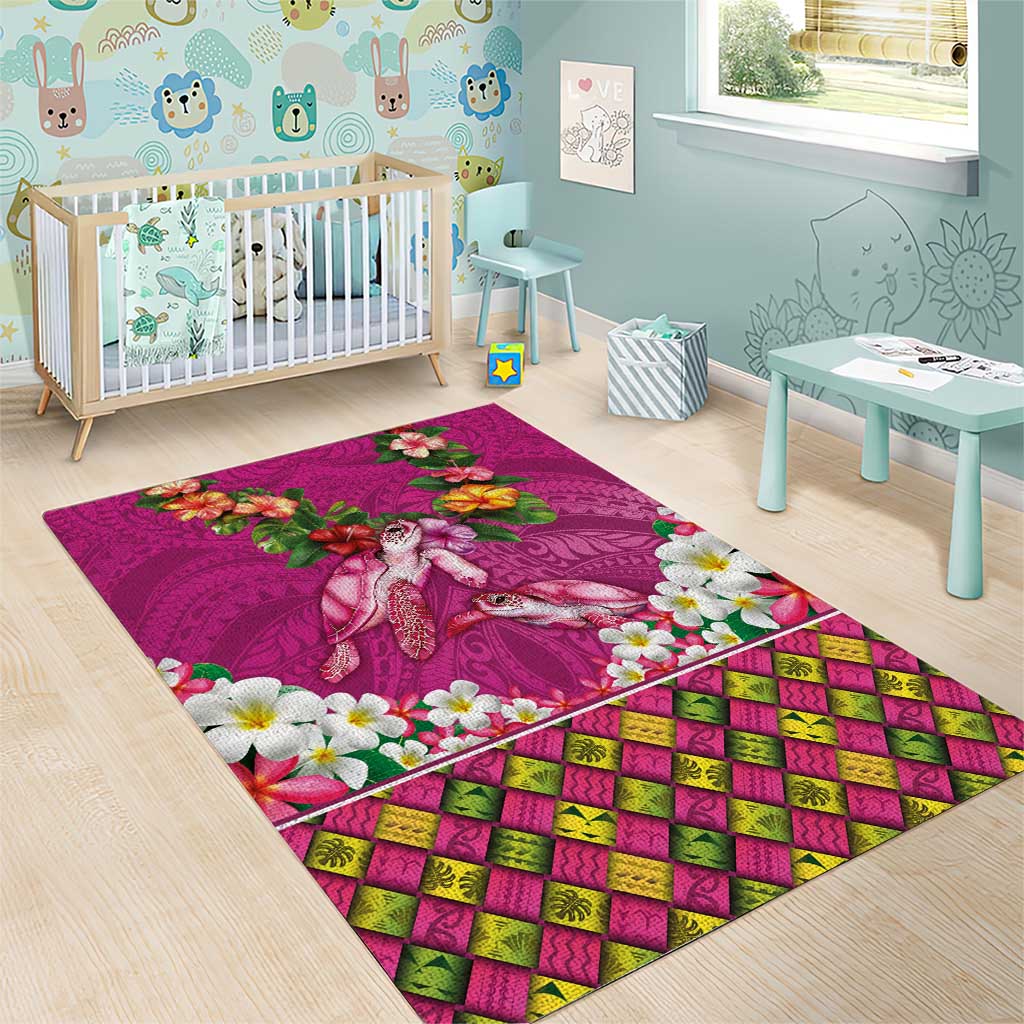 Hawaiian Lei Turtle and Plumeria Area Rug Polynerian Art Tattoo-Plum Pink Color