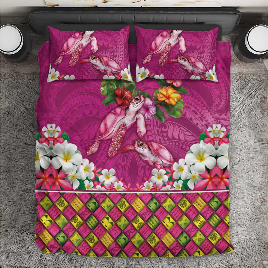 Hawaiian Lei Turtle and Plumeria Bedding Set Polynerian Art Tattoo-Plum Pink Color