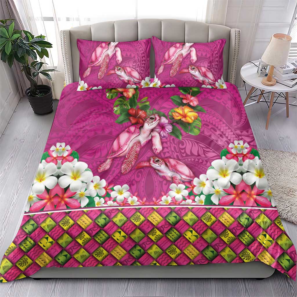 Hawaiian Lei Turtle and Plumeria Bedding Set Polynerian Art Tattoo-Plum Pink Color
