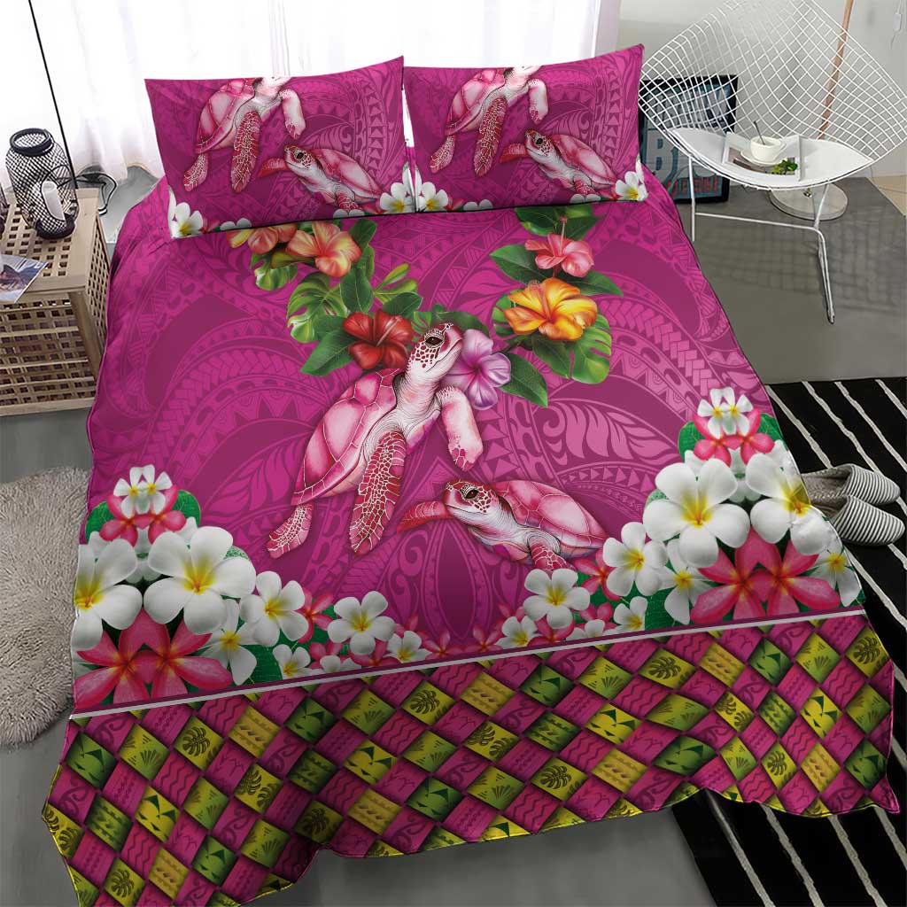Hawaiian Lei Turtle and Plumeria Bedding Set Polynerian Art Tattoo-Plum Pink Color