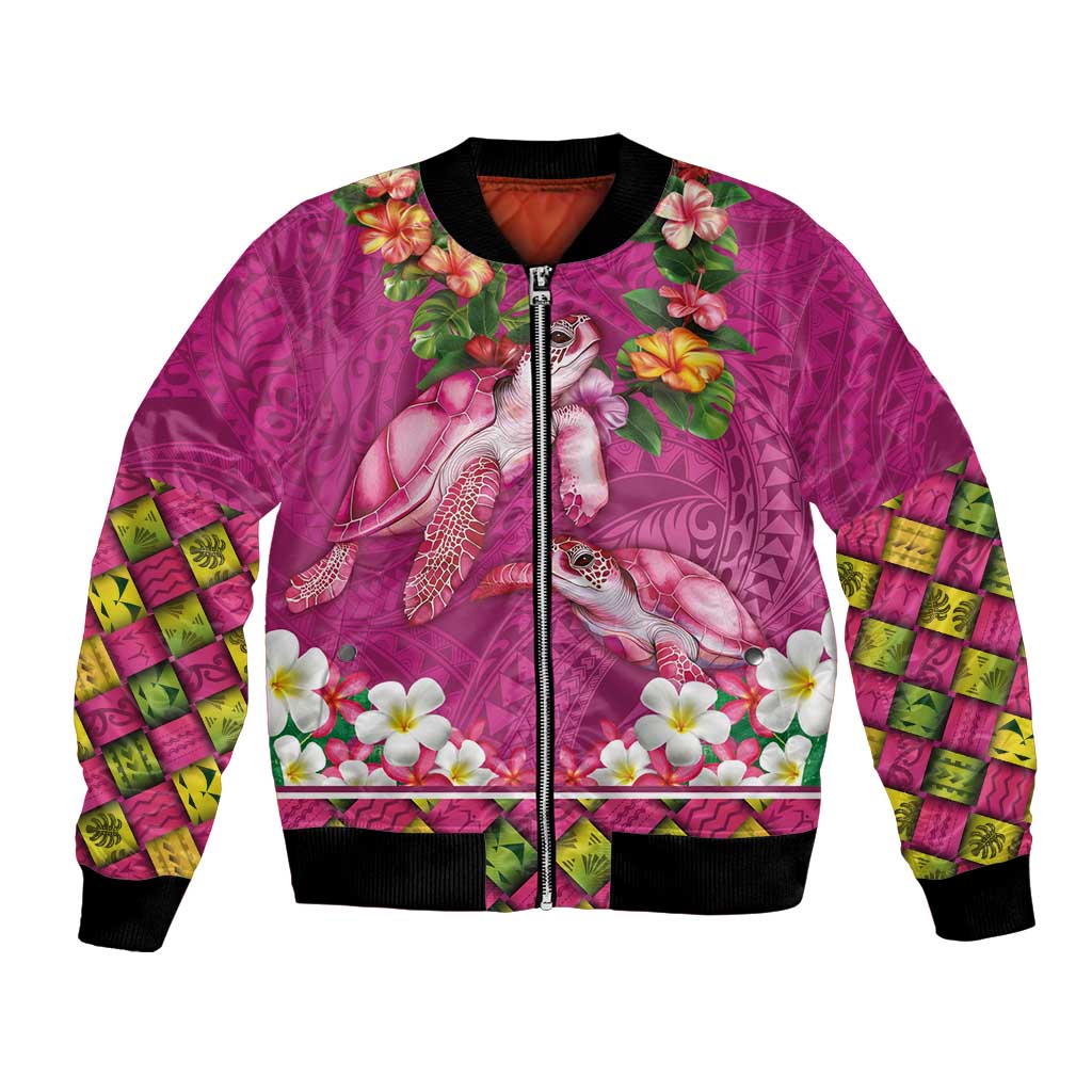 Hawaiian Lei Turtle and Plumeria Bomber Jacket Polynerian Art Tattoo-Plum Pink Color