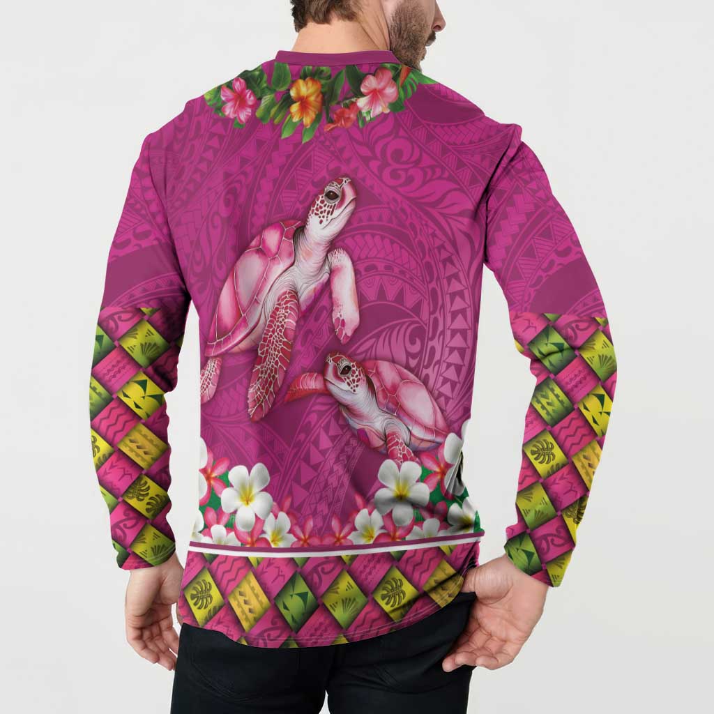 Hawaiian Lei Turtle and Plumeria Button Sweatshirt Polynerian Art Tattoo-Plum Pink Color