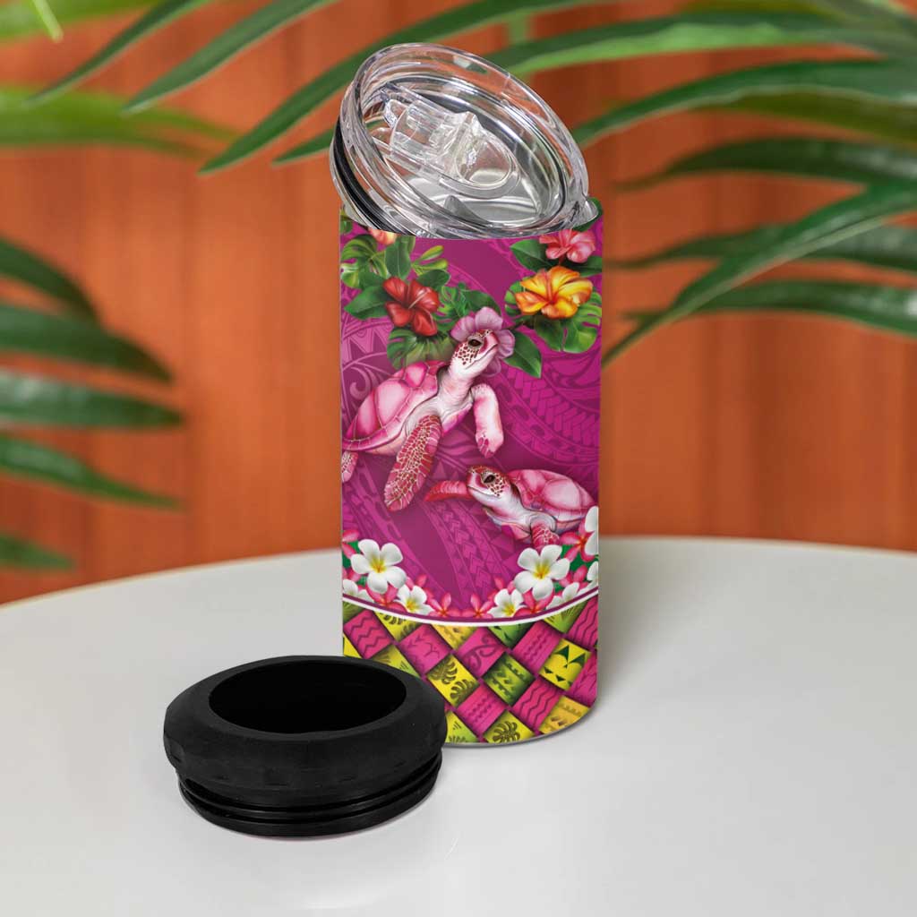 Hawaiian Lei Turtle and Plumeria 4 in 1 Can Cooler Tumbler Polynerian Art Tattoo-Plum Pink Color