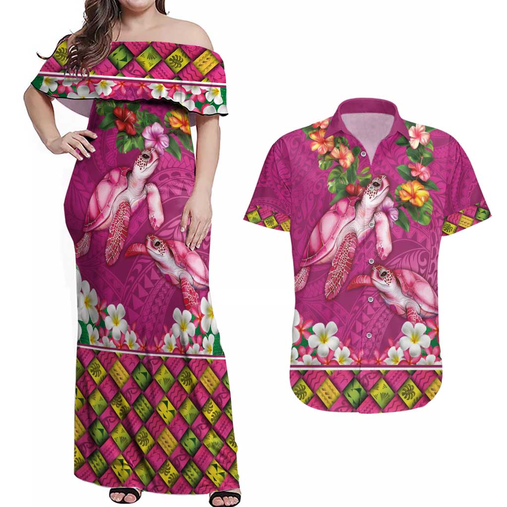 Hawaiian Lei Turtle and Plumeria Couples Matching Off Shoulder Maxi Dress and Hawaiian Shirt Polynerian Art Tattoo-Plum Pink Color