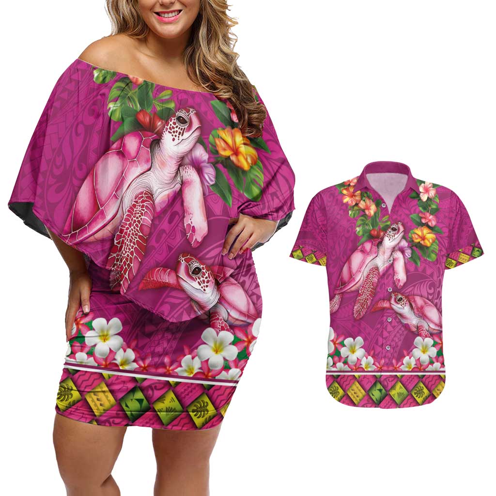 Hawaiian Lei Turtle and Plumeria Couples Matching Off Shoulder Short Dress and Hawaiian Shirt Polynerian Art Tattoo-Plum Pink Color