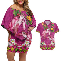 Hawaiian Lei Turtle and Plumeria Couples Matching Off Shoulder Short Dress and Hawaiian Shirt Polynerian Art Tattoo-Plum Pink Color