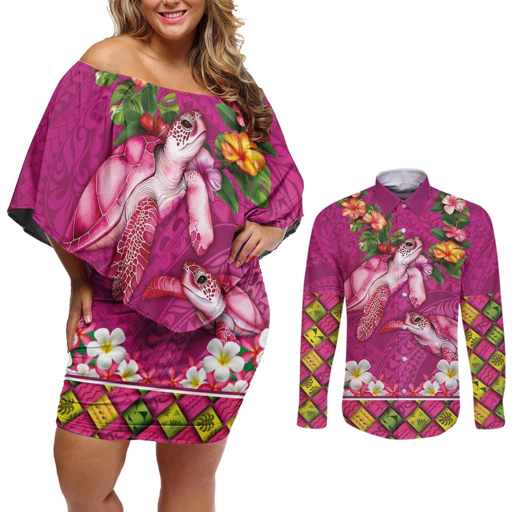 Hawaiian Lei Turtle and Plumeria Couples Matching Off Shoulder Short Dress and Long Sleeve Button Shirt Polynerian Art Tattoo-Plum Pink Color