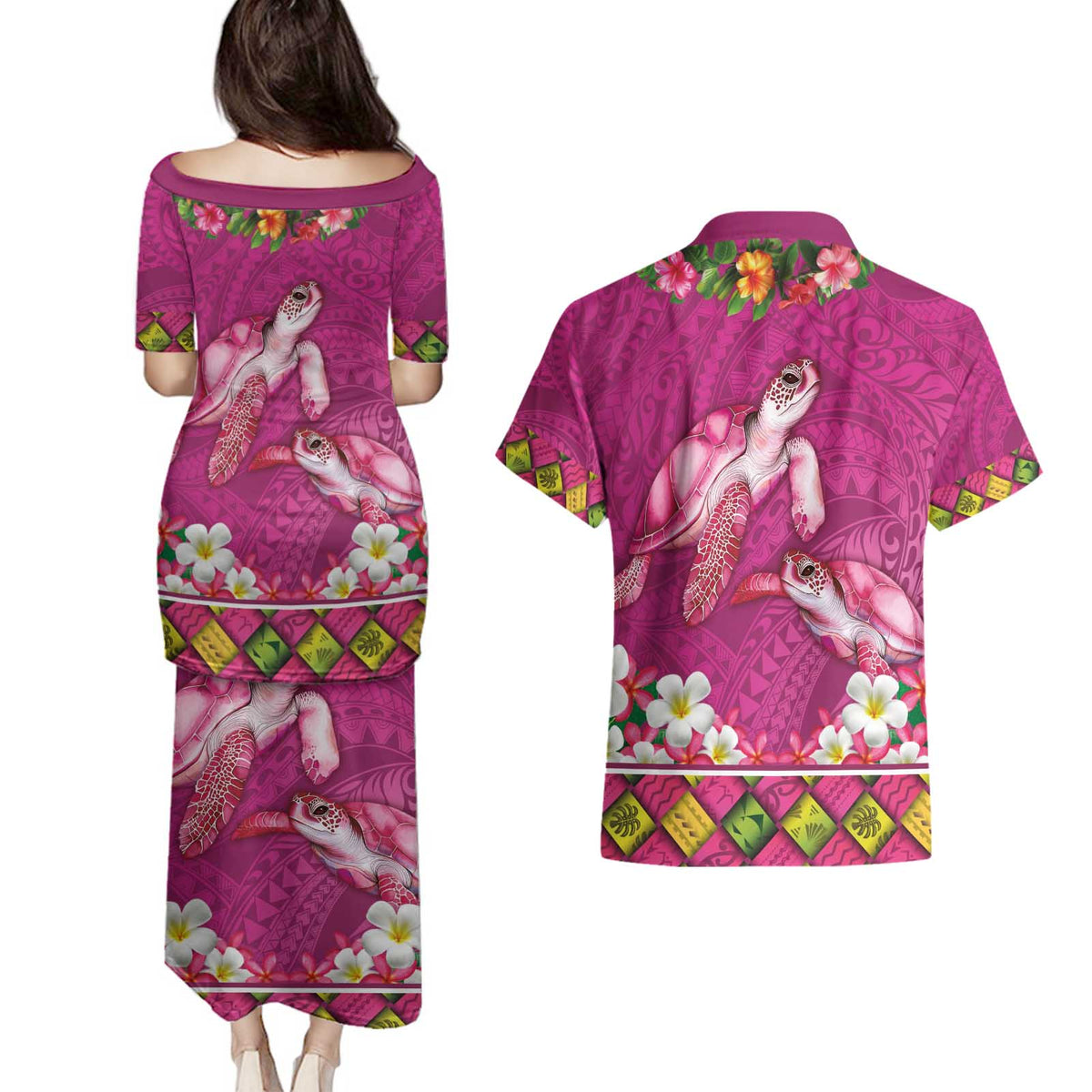 Hawaiian Lei Turtle and Plumeria Couples Matching Puletasi and Hawaiian Shirt Polynerian Art Tattoo-Plum Pink Color