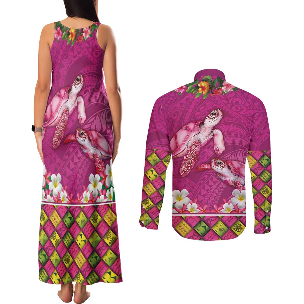 Hawaiian Lei Turtle and Plumeria Couples Matching Tank Maxi Dress and Long Sleeve Button Shirt Polynerian Art Tattoo-Plum Pink Color