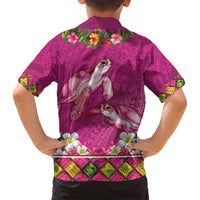 Hawaiian Lei Turtle and Plumeria Family Matching Long Sleeve Bodycon Dress and Hawaiian Shirt Polynerian Art Tattoo-Plum Pink Color