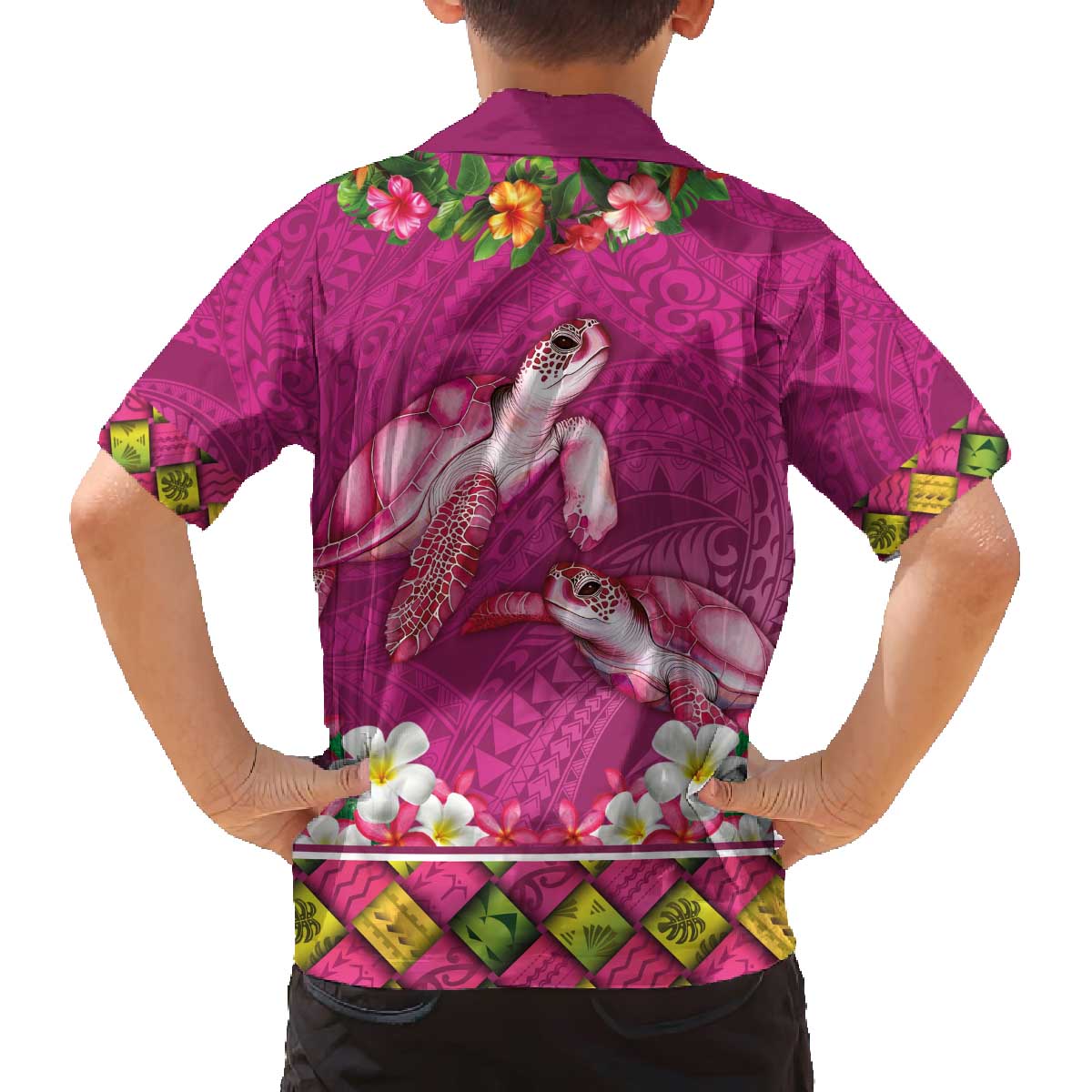 Hawaiian Lei Turtle and Plumeria Family Matching Off The Shoulder Long Sleeve Dress and Hawaiian Shirt Polynerian Art Tattoo-Plum Pink Color