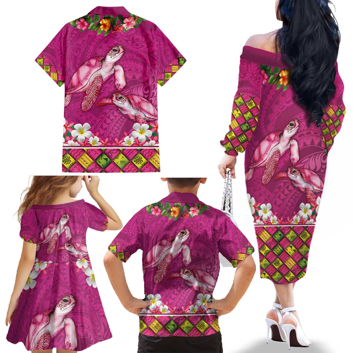 Hawaiian Lei Turtle and Plumeria Family Matching Off The Shoulder Long Sleeve Dress and Hawaiian Shirt Polynerian Art Tattoo-Plum Pink Color