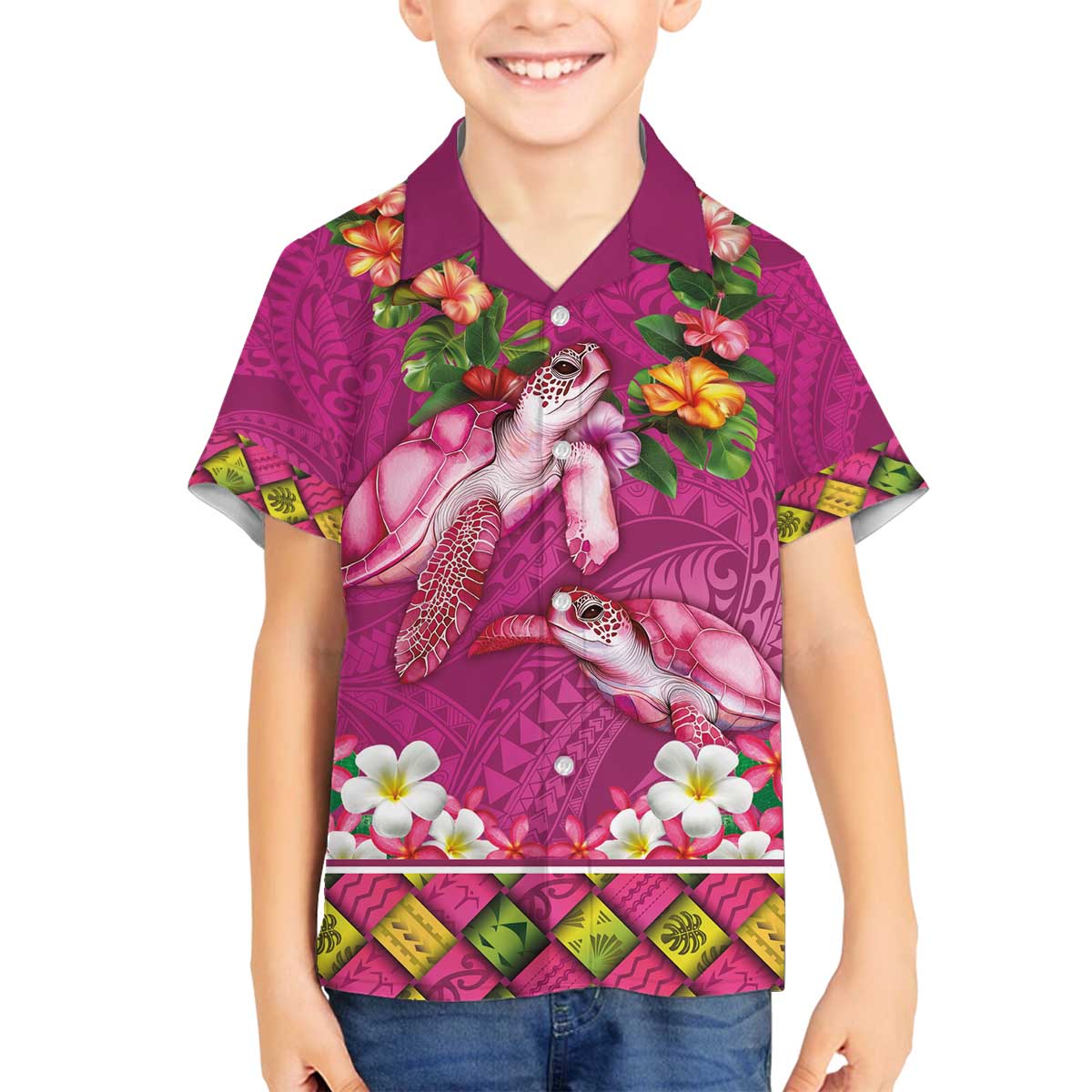 Hawaiian Lei Turtle and Plumeria Family Matching Off The Shoulder Long Sleeve Dress and Hawaiian Shirt Polynerian Art Tattoo-Plum Pink Color