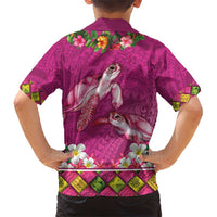Hawaiian Lei Turtle and Plumeria Family Matching Short Sleeve Bodycon Dress and Hawaiian Shirt Polynerian Art Tattoo-Plum Pink Color