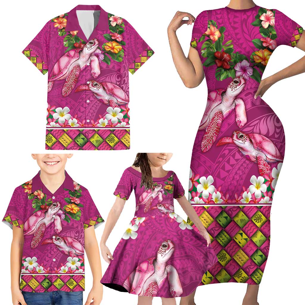 Hawaiian Lei Turtle and Plumeria Family Matching Short Sleeve Bodycon Dress and Hawaiian Shirt Polynerian Art Tattoo-Plum Pink Color