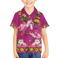 Hawaiian Lei Turtle and Plumeria Family Matching Short Sleeve Bodycon Dress and Hawaiian Shirt Polynerian Art Tattoo-Plum Pink Color