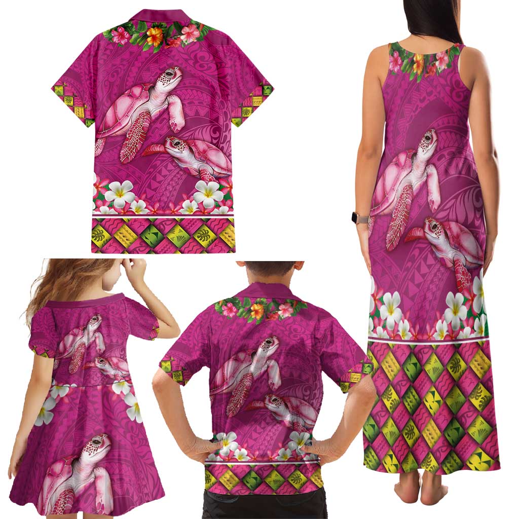 Hawaiian Lei Turtle and Plumeria Family Matching Tank Maxi Dress and Hawaiian Shirt Polynerian Art Tattoo-Plum Pink Color