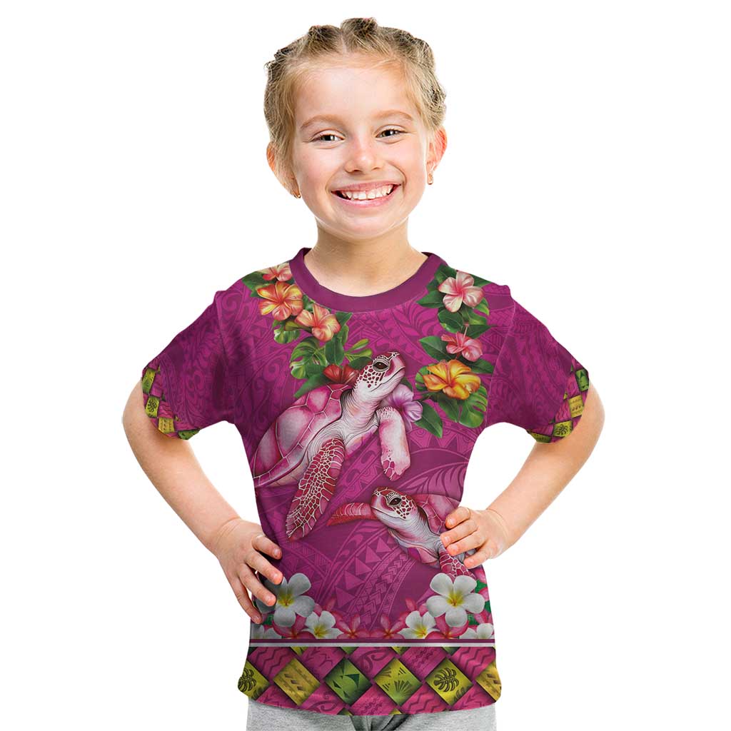 Hawaiian Lei Turtle and Plumeria Kid T Shirt Polynerian Art Tattoo-Plum Pink Color
