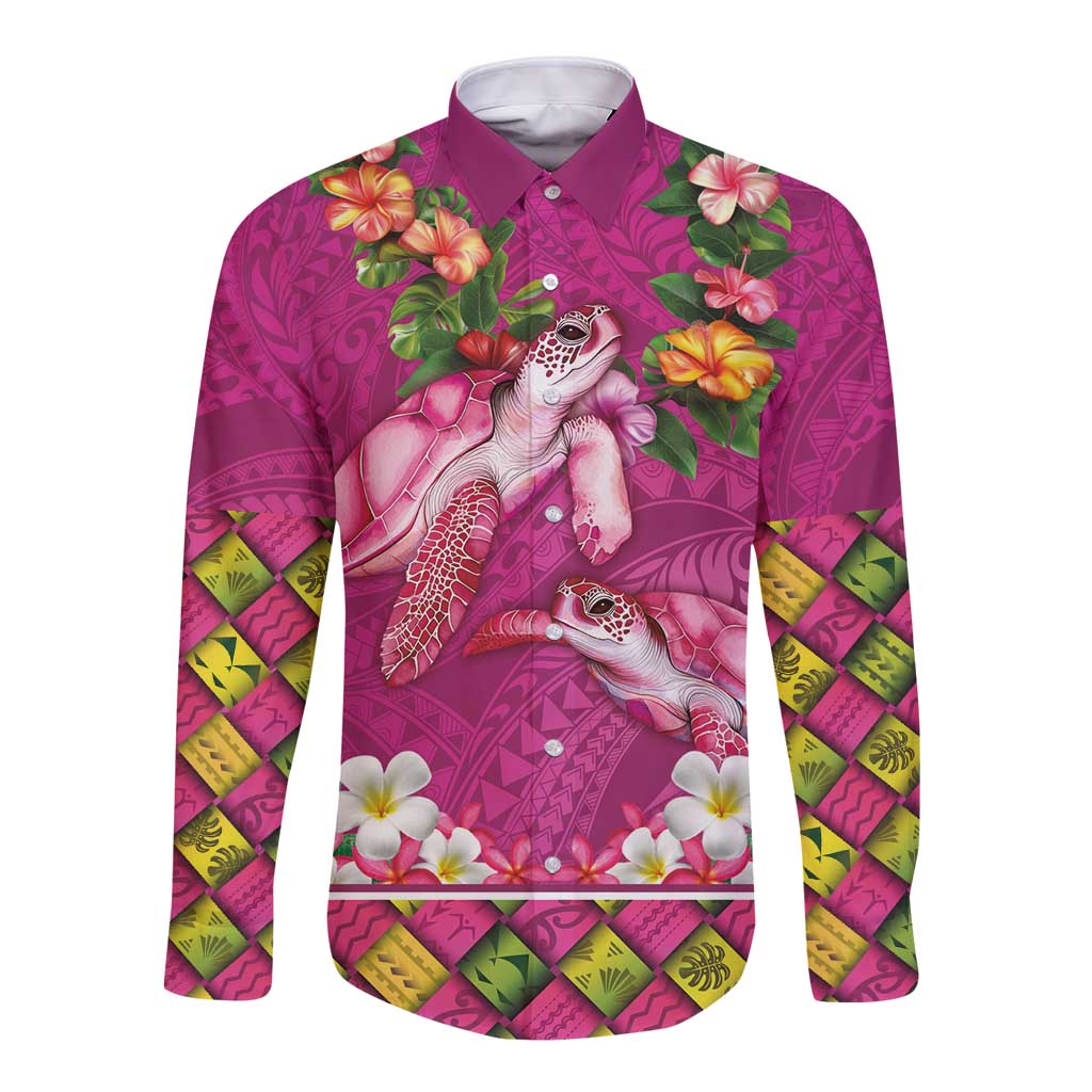 Hawaiian Lei Turtle and Plumeria Long Sleeve Button Shirt Polynerian Art Tattoo-Plum Pink Color