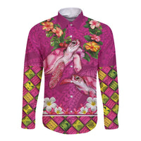 Hawaiian Lei Turtle and Plumeria Long Sleeve Button Shirt Polynerian Art Tattoo-Plum Pink Color