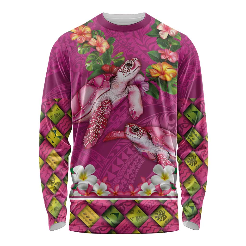 Hawaiian Lei Turtle and Plumeria Long Sleeve Shirt Polynerian Art Tattoo-Plum Pink Color