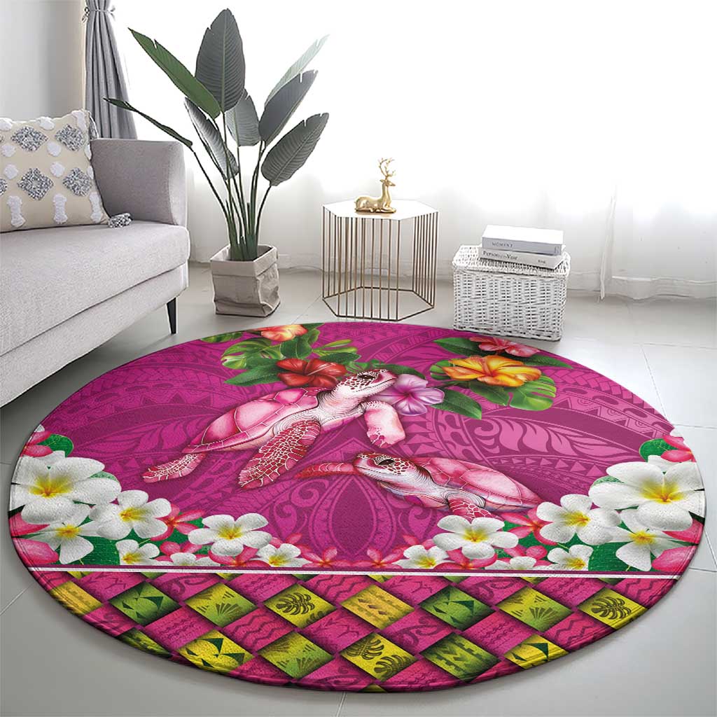 Hawaiian Lei Turtle and Plumeria Round Carpet Polynerian Art Tattoo-Plum Pink Color