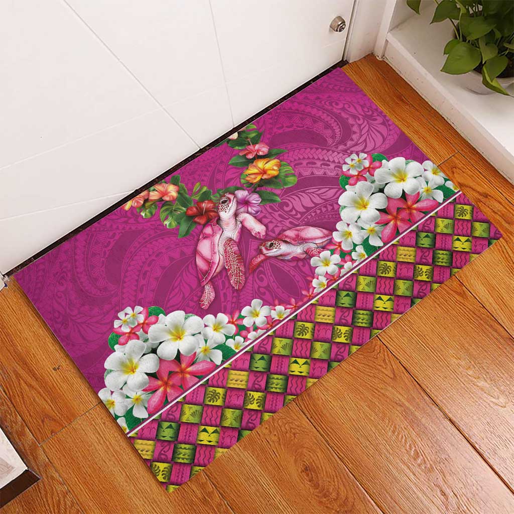 Hawaiian Lei Turtle and Plumeria Rubber Doormat Polynerian Art Tattoo-Plum Pink Color