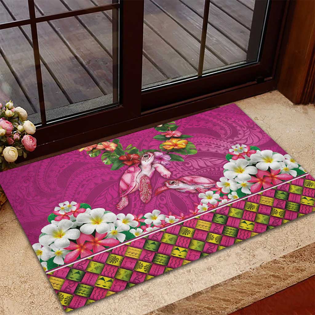 Hawaiian Lei Turtle and Plumeria Rubber Doormat Polynerian Art Tattoo-Plum Pink Color