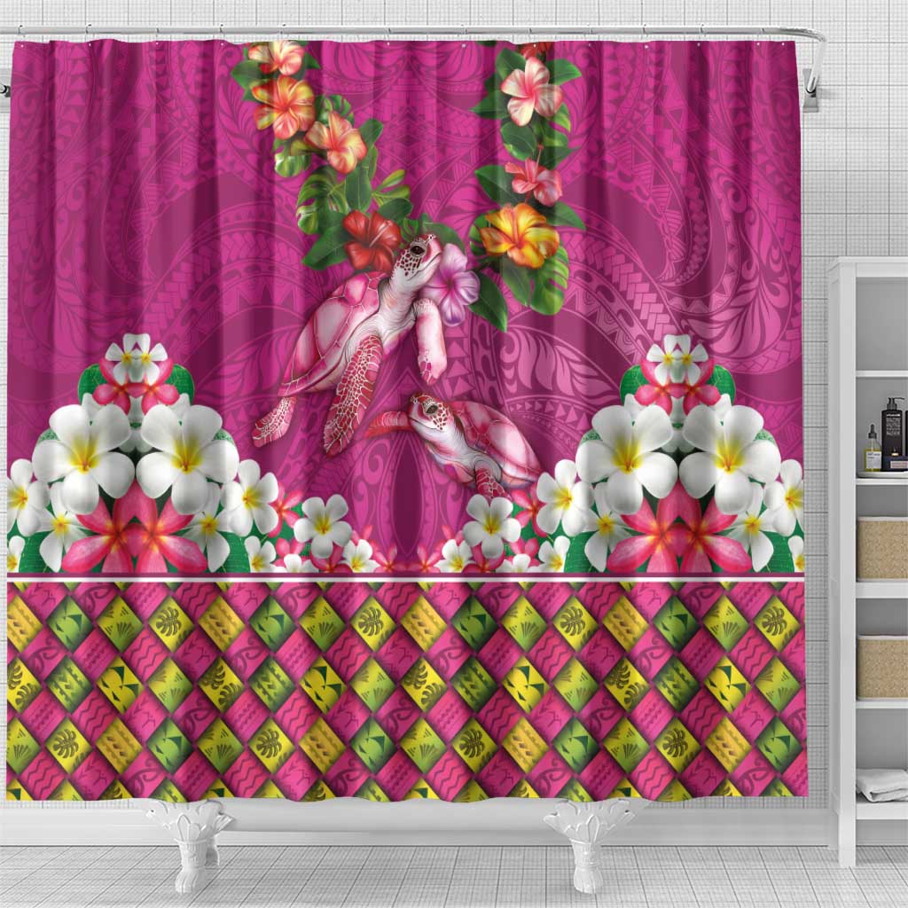 Hawaiian Lei Turtle and Plumeria Shower Curtain Polynerian Art Tattoo-Plum Pink Color
