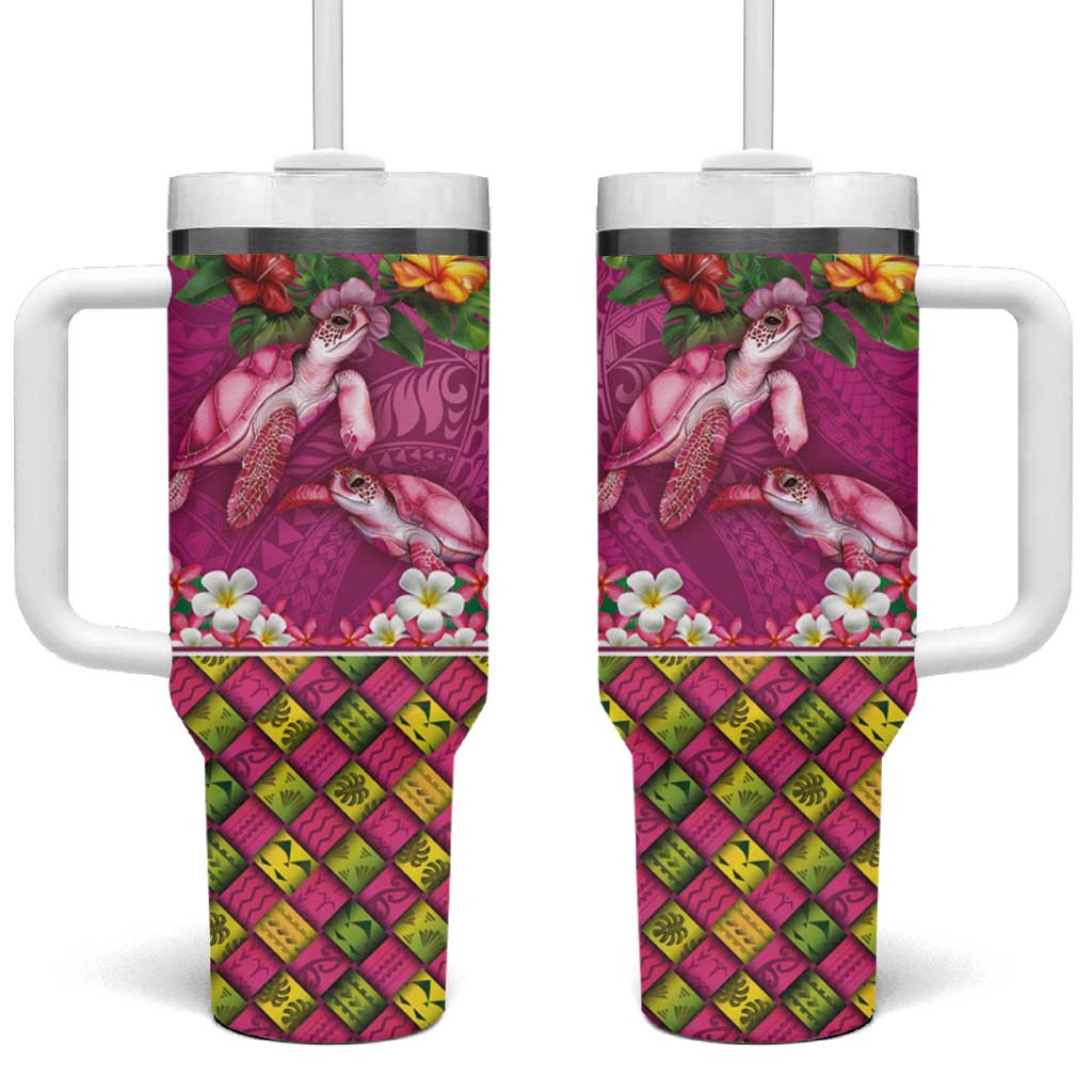 Hawaiian Lei Turtle and Plumeria Tumbler With Handle Polynerian Art Tattoo-Plum Pink Color