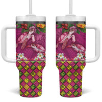 Hawaiian Lei Turtle and Plumeria Tumbler With Handle Polynerian Art Tattoo-Plum Pink Color
