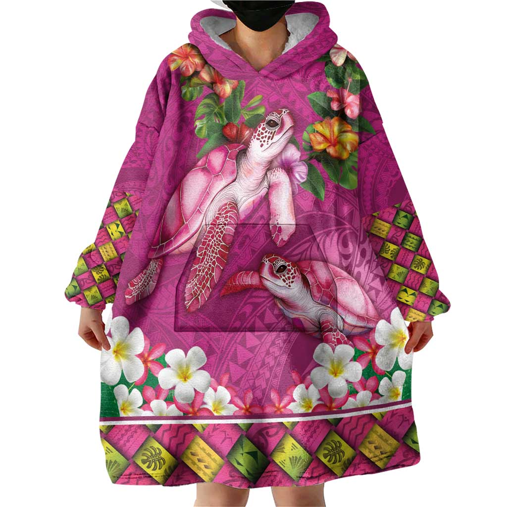 Hawaiian Lei Turtle and Plumeria Wearable Blanket Hoodie Polynerian Art Tattoo-Plum Pink Color