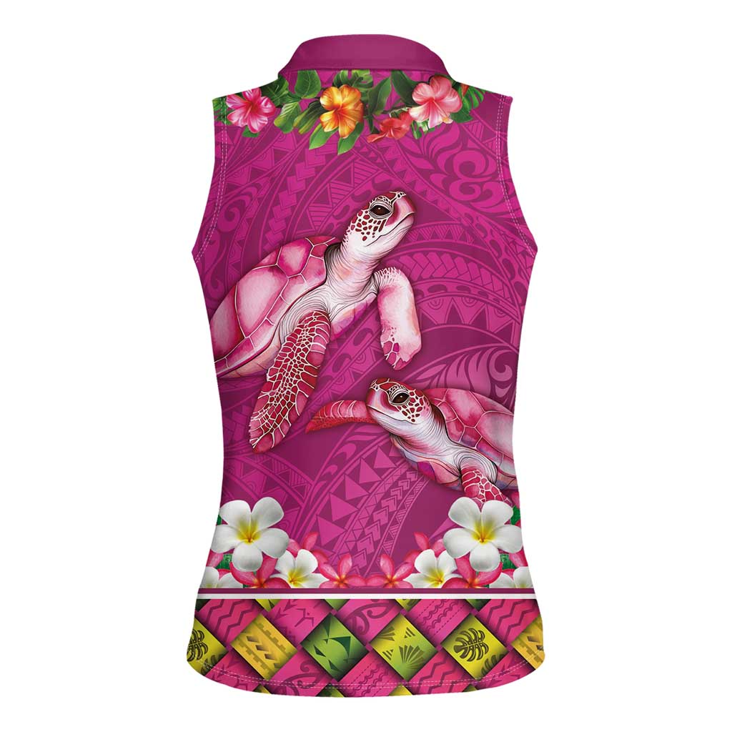 Hawaiian Lei Turtle and Plumeria Women Sleeveless Polo Shirt Polynerian Art Tattoo-Plum Pink Color