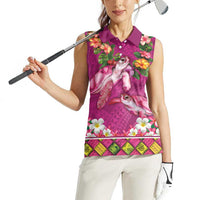Hawaiian Lei Turtle and Plumeria Women Sleeveless Polo Shirt Polynerian Art Tattoo-Plum Pink Color