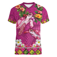 Hawaiian Lei Turtle and Plumeria Women V-Neck T-Shirt Polynerian Art Tattoo-Plum Pink Color