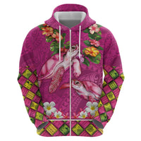 Hawaiian Lei Turtle and Plumeria Zip Hoodie Polynerian Art Tattoo-Plum Pink Color